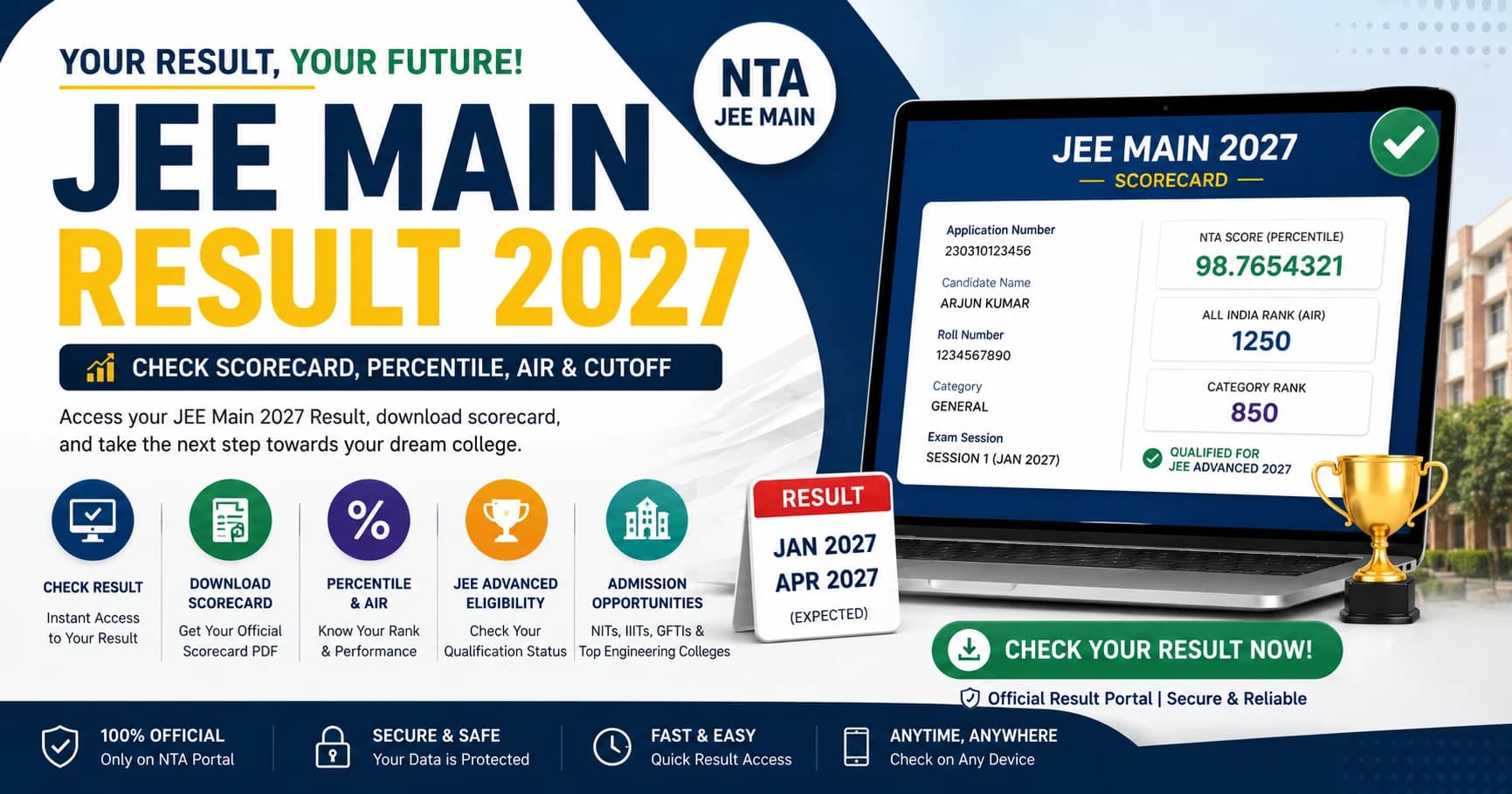 Check JEE Main Result 2027, NTA Score, Percentile, All India Rank (AIR), cutoff, and scorecard download details. Candidates can access their JEE Main 2027 result online through the official NTA website using their application number and password.